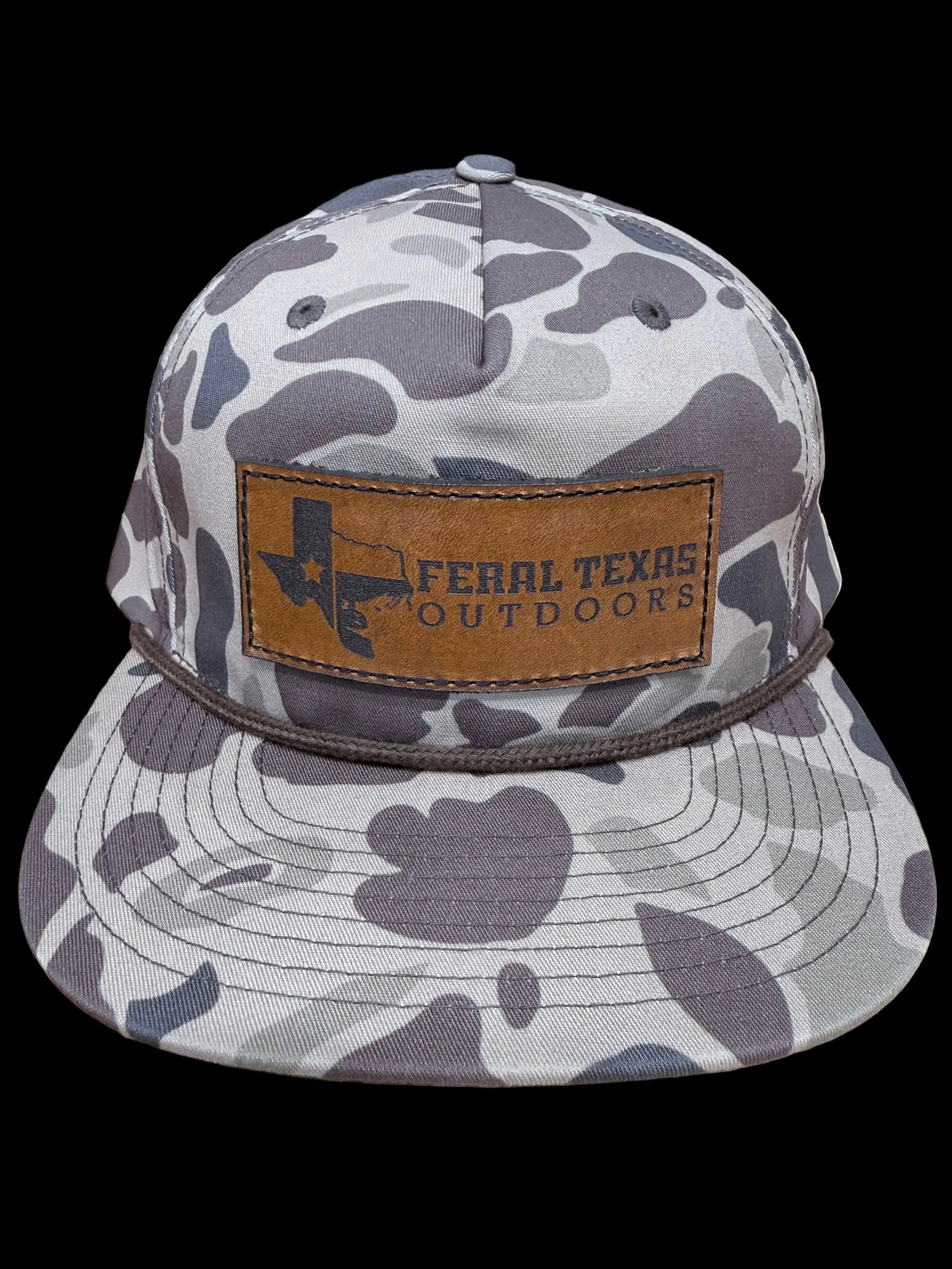 Feral Texas Outdoors Hat Richard Rope Bark Duck Camo Flat Rim - Leather Patch