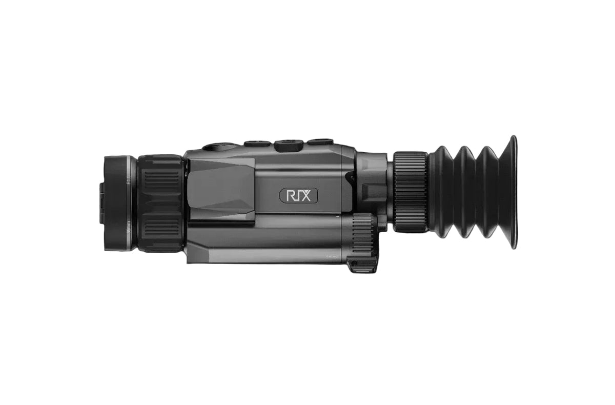 A side profile view of a black and dark gray thermal imaging scope or monocular with an attached ribbed lens, featuring the 'RIX' logo on the side, set against a plain white background.
