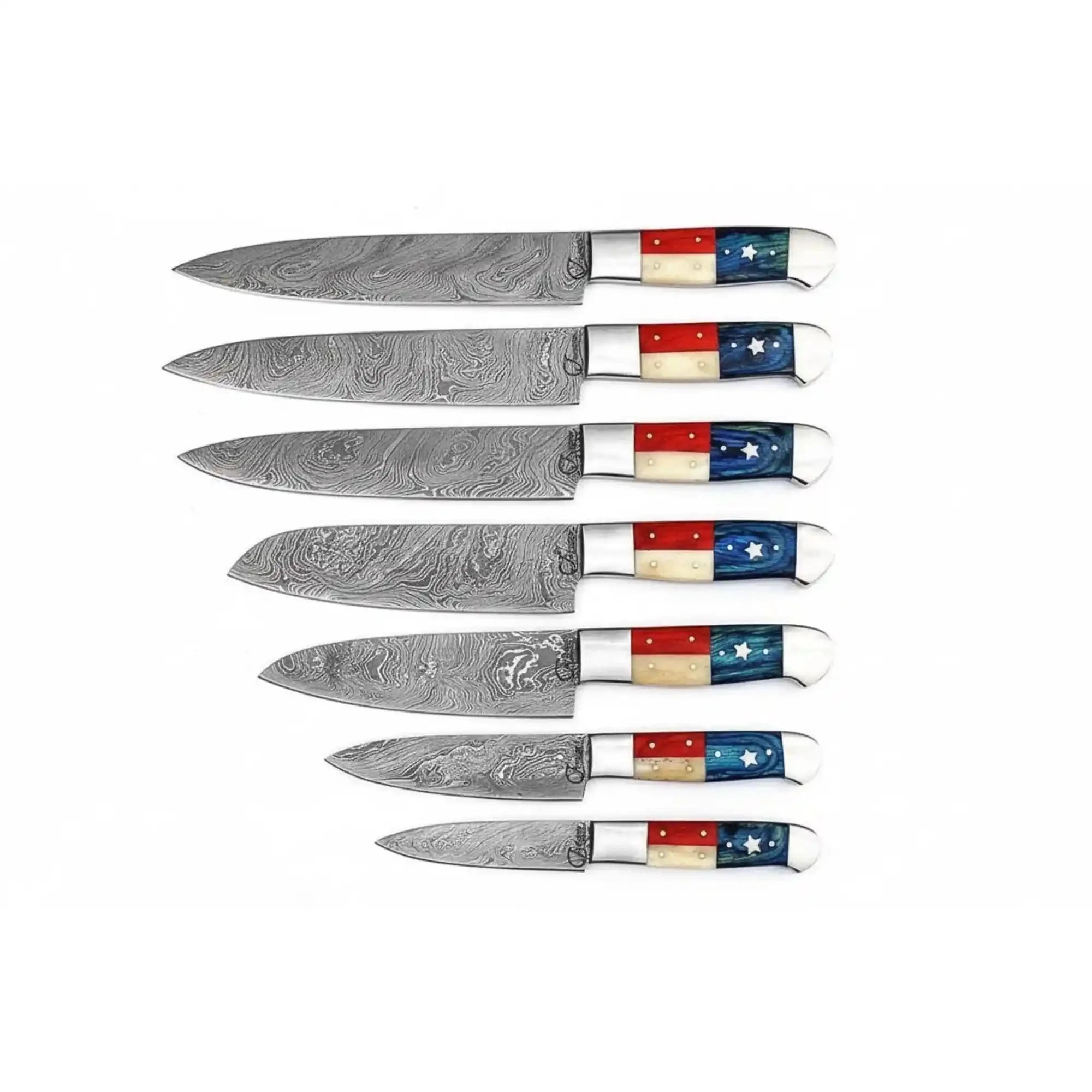8-Piece Damascus Kitchen Knife Set, Texas Flag Handles, Full Tang - Chef, Bread, Utility, Paring