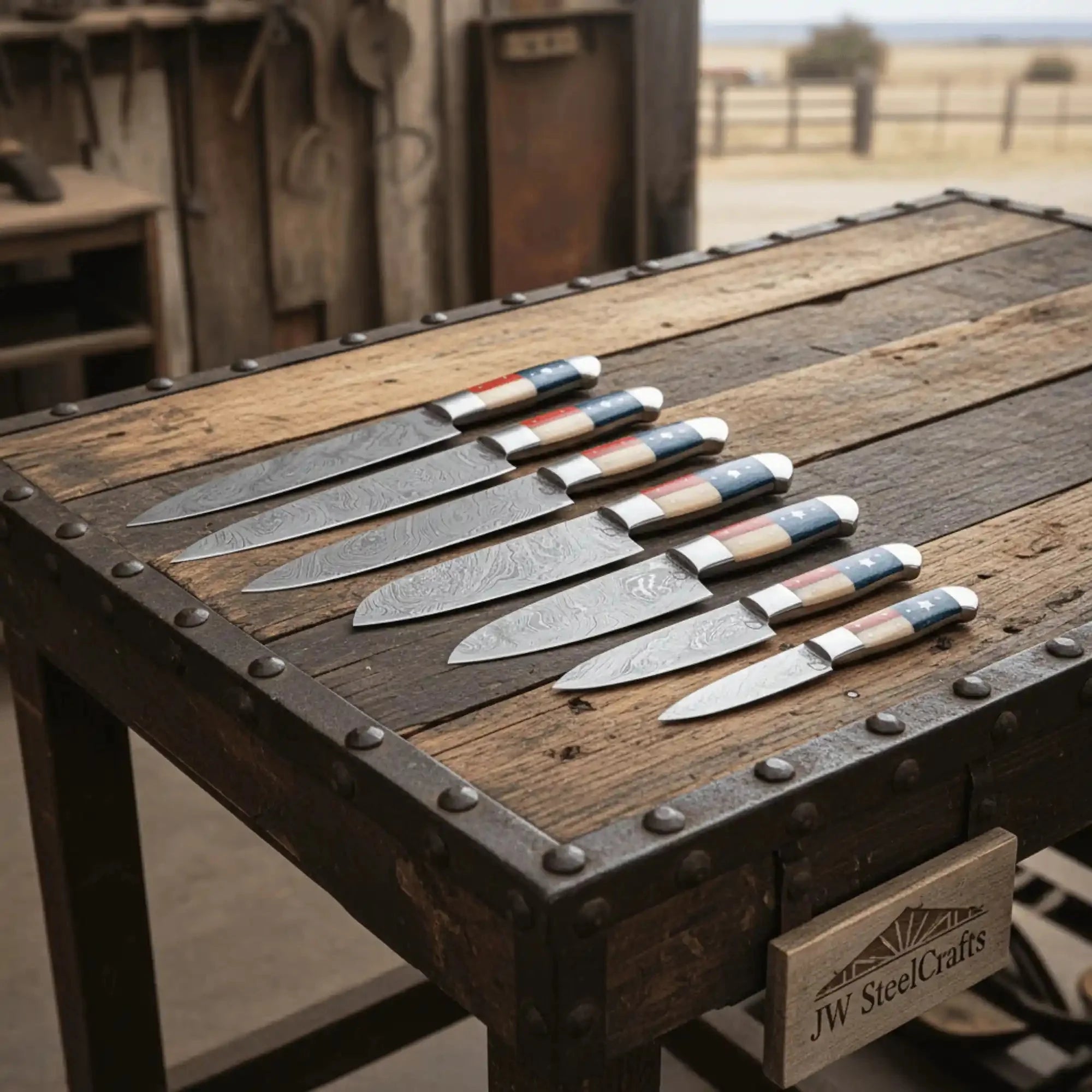 8-Piece Damascus Kitchen Knife Set, Texas Flag Handles, Full Tang - Chef, Bread, Utility, Paring