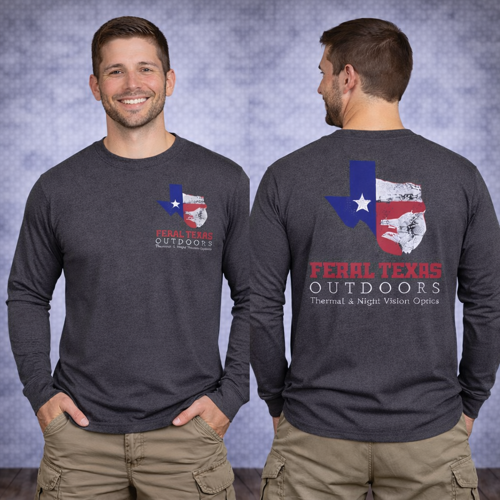 Man wearing a long-sleeve shirt with Feral Texas Outdoors branding on a gray background