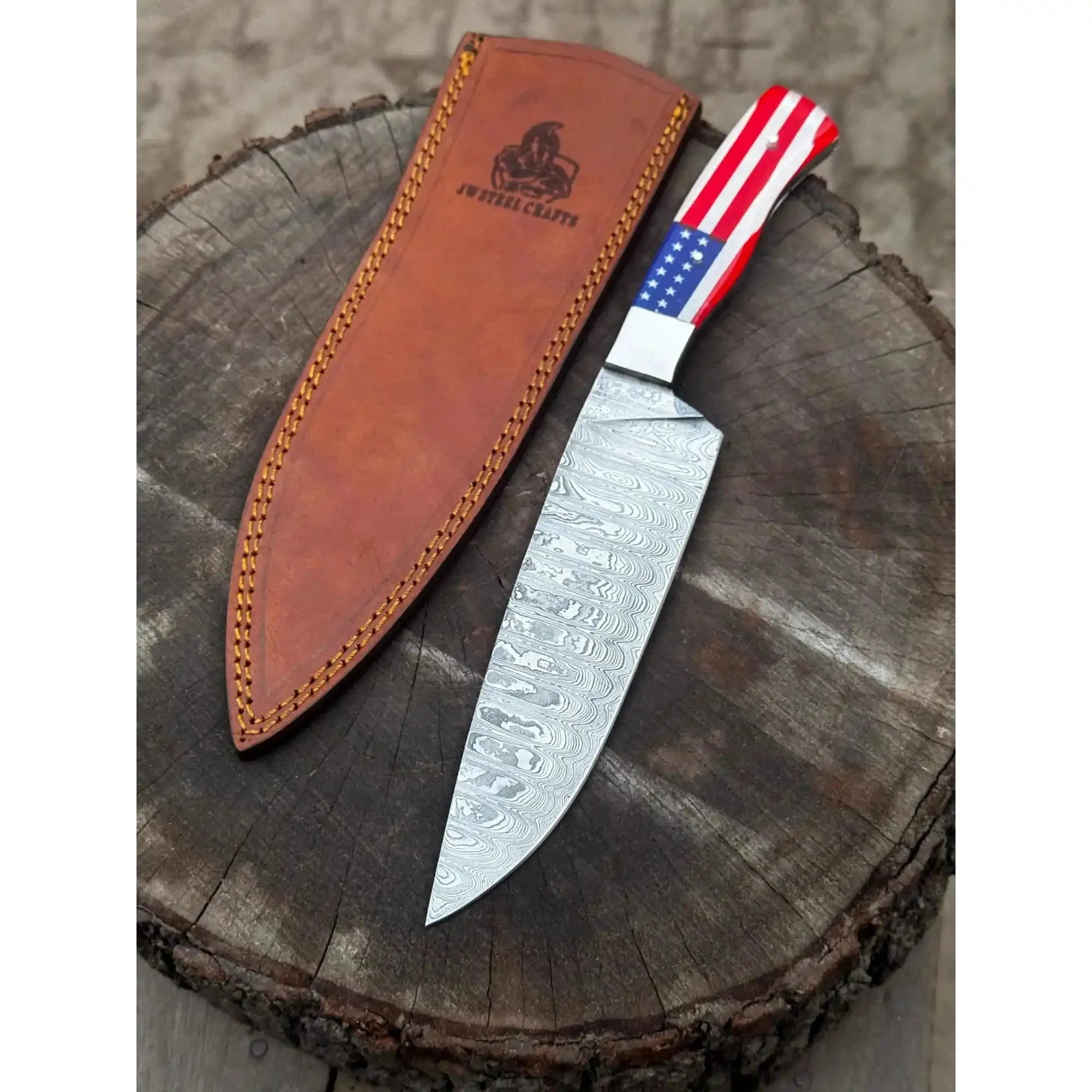 Damascus Steel Chef Knife with USA Flag Handle | Handmade Kitchen Knife