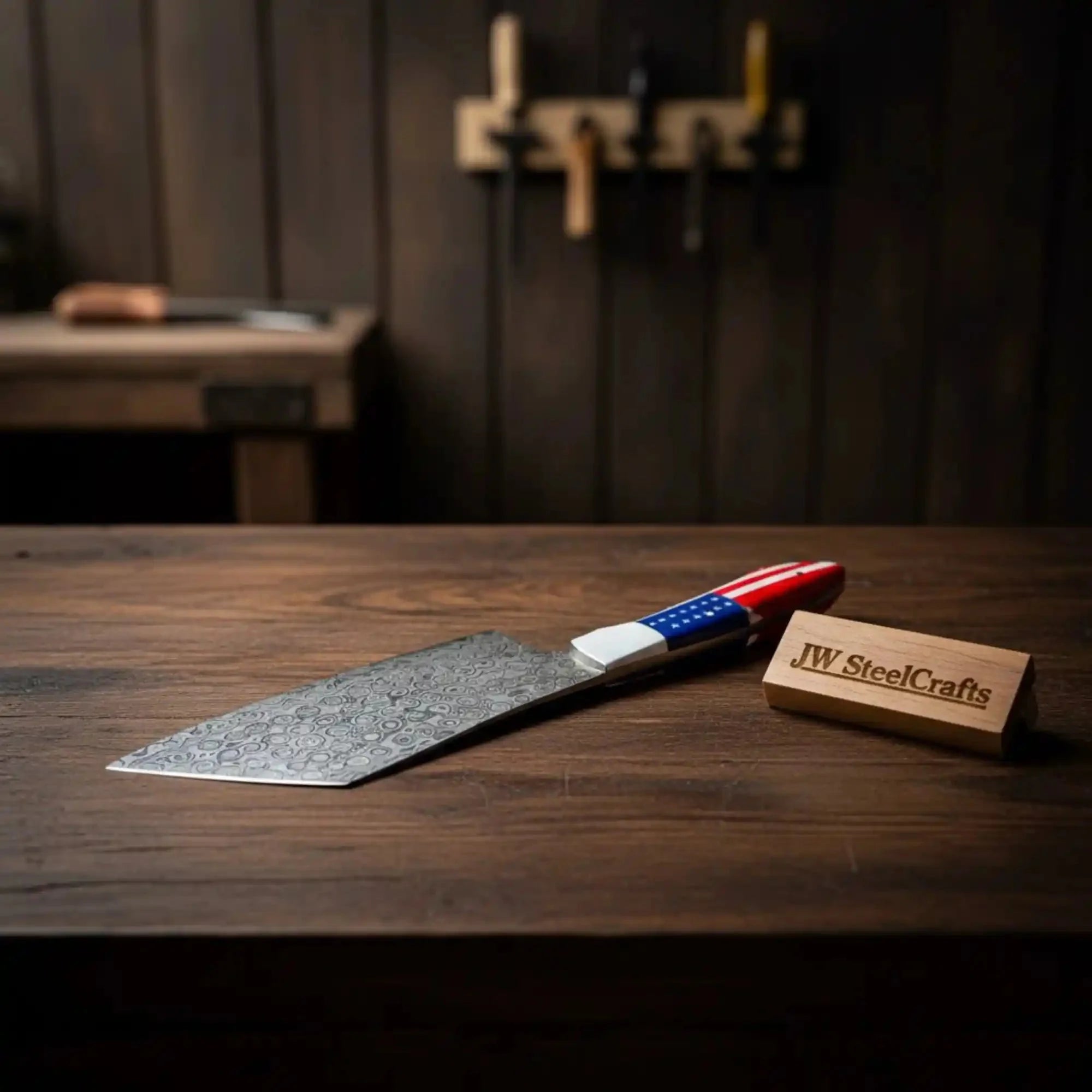 Damascus Steel Cleaver Knife with USA Flag Resin Handle | Handmade Kitchen Utility Knife
