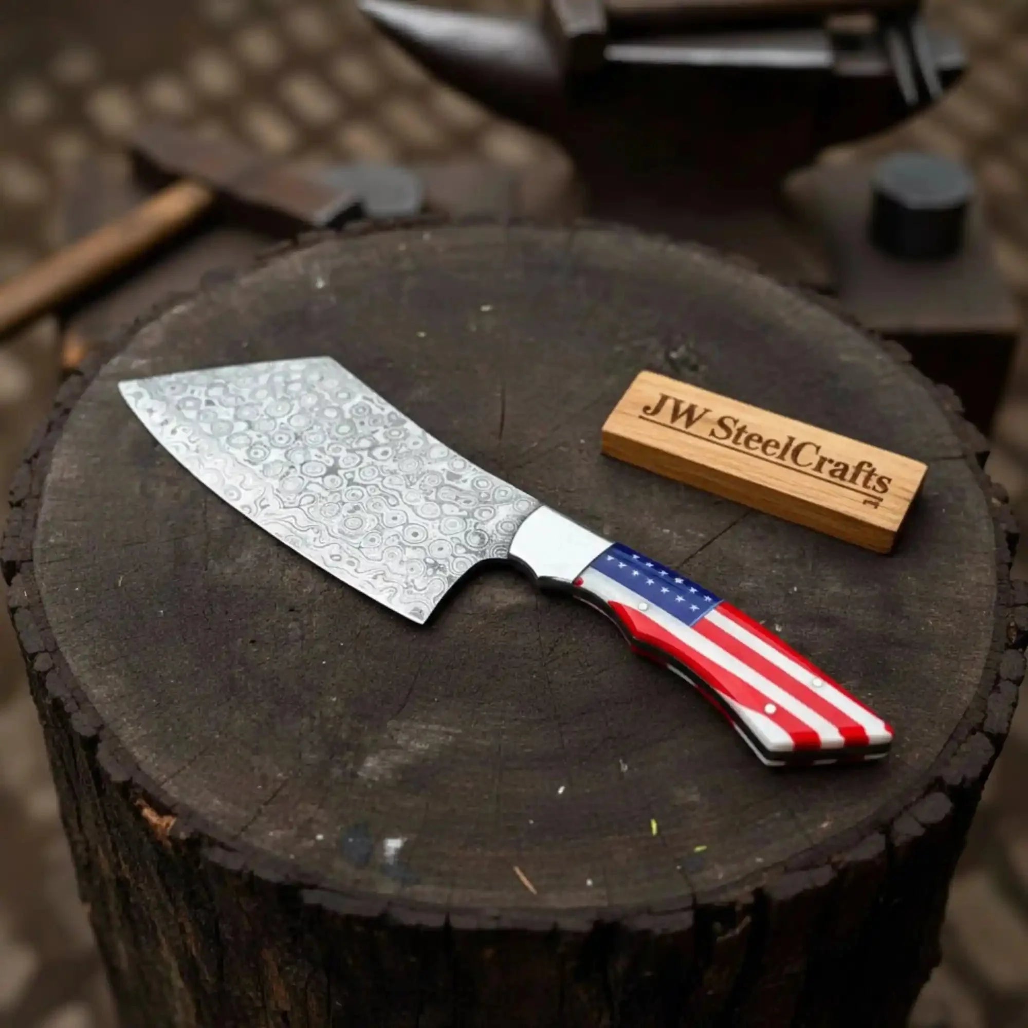 Damascus Steel Cleaver Knife with USA Flag Resin Handle | Handmade Kitchen Utility Knife