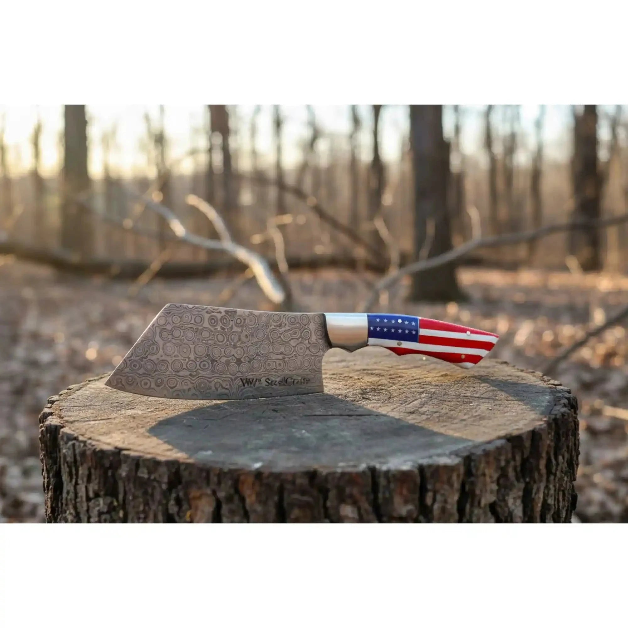 Ko-Bunka Damascus Steel Knife, Reverse Tanto Japanese Prep Knife, Handmade Damascus Blade with USA Flag Resin Handle, Compact Bunka Kitchen Knife JW SteelCrafts