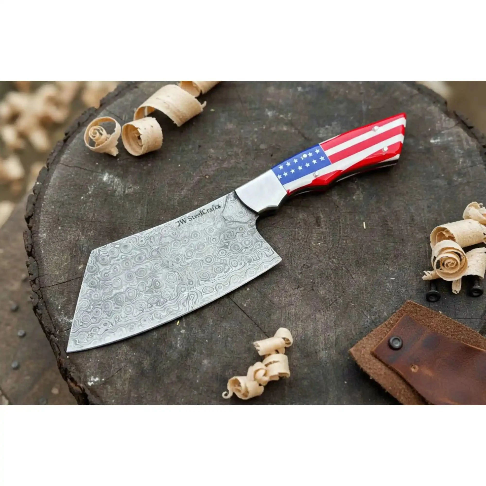 Ko-Bunka Damascus Steel Knife, Reverse Tanto Japanese Prep Knife, Handmade Damascus Blade with USA Flag Resin Handle, Compact Bunka Kitchen Knife JW SteelCrafts