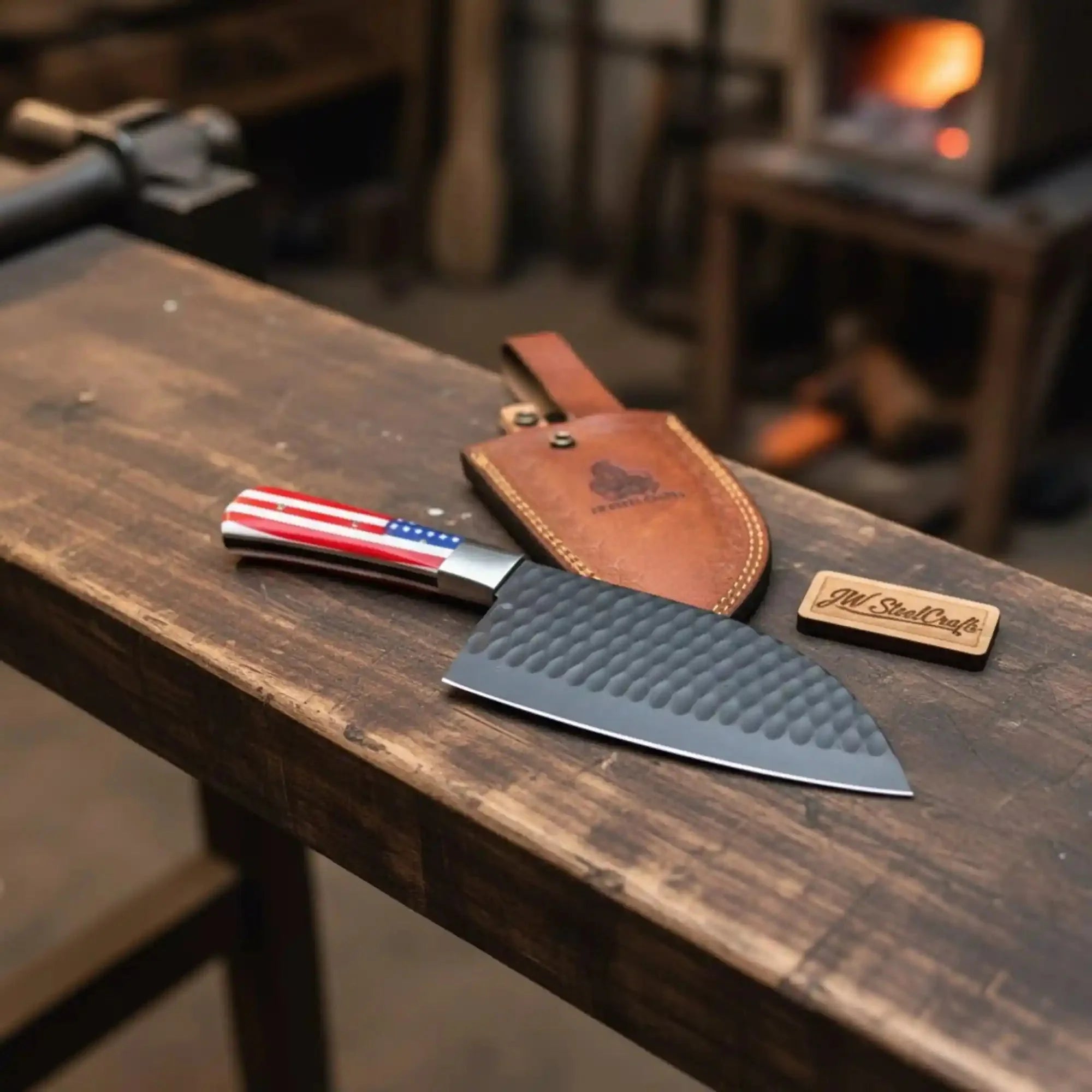 Ko-Santoku Damascus Steel Knife, Compact Japanese Santoku Kitchen Knife, Hammered Finish Blade, USA Flag Resin Handle, Handmade Prep Knife JW SteelCrafts