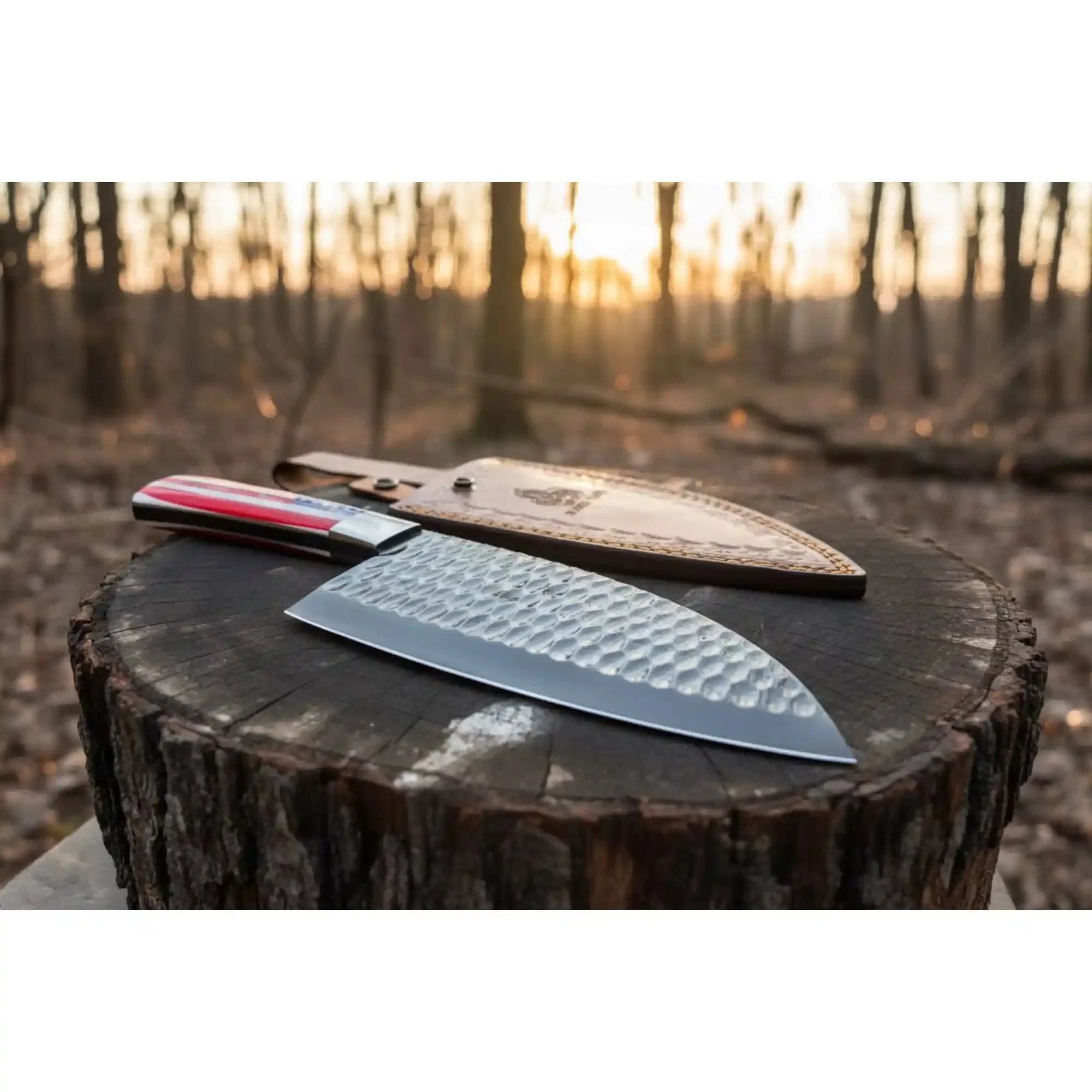 Ko-Santoku Damascus Steel Knife, Compact Japanese Santoku Kitchen Knife, Hammered Finish Blade, USA Flag Resin Handle, Handmade Prep Knife JW SteelCrafts