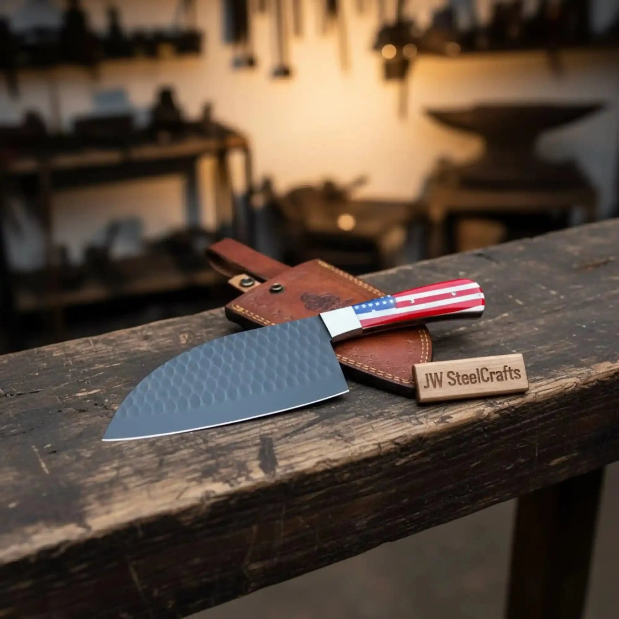 Ko-Santoku Damascus Steel Knife, Compact Japanese Santoku Kitchen Knife, Hammered Finish Blade, USA Flag Resin Handle, Handmade Prep Knife JW SteelCrafts