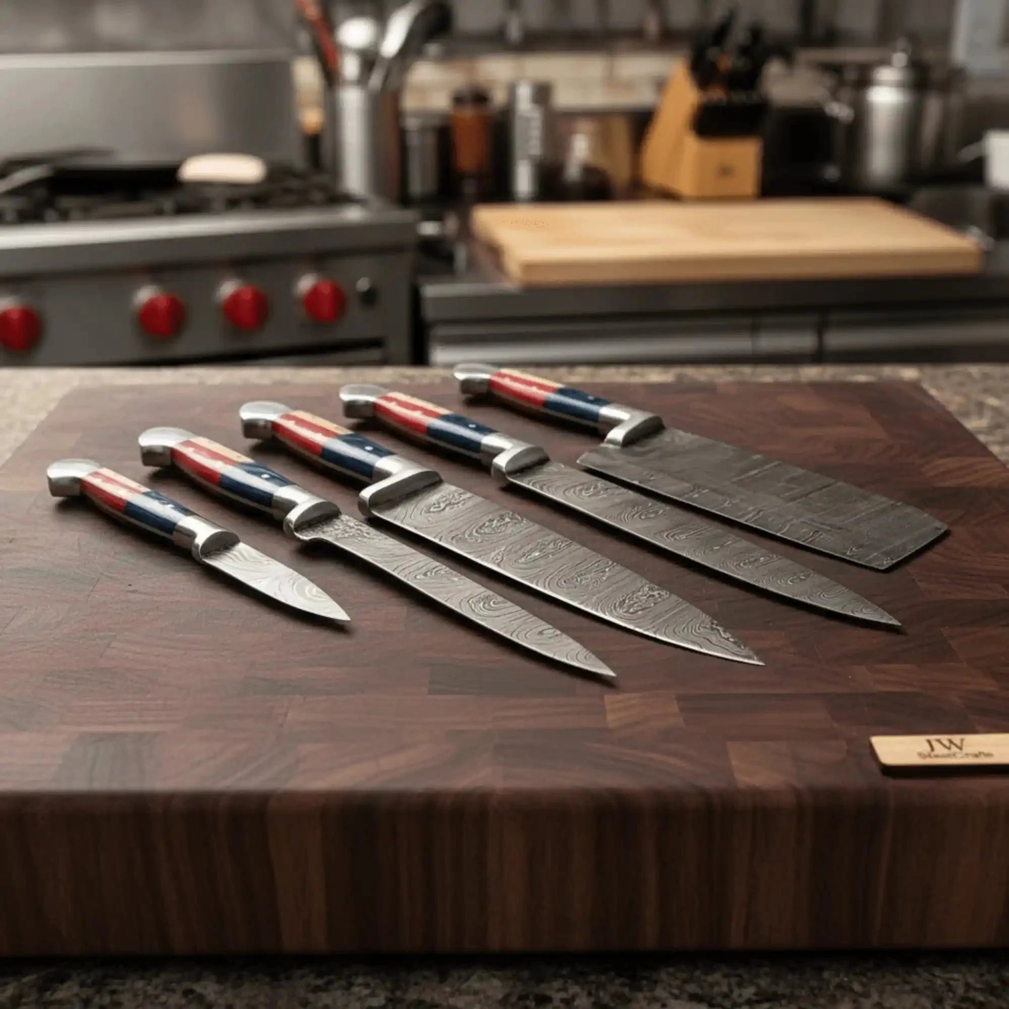 Texas Flag Handle Damascus 5-Piece Knife Set with Leather Kit