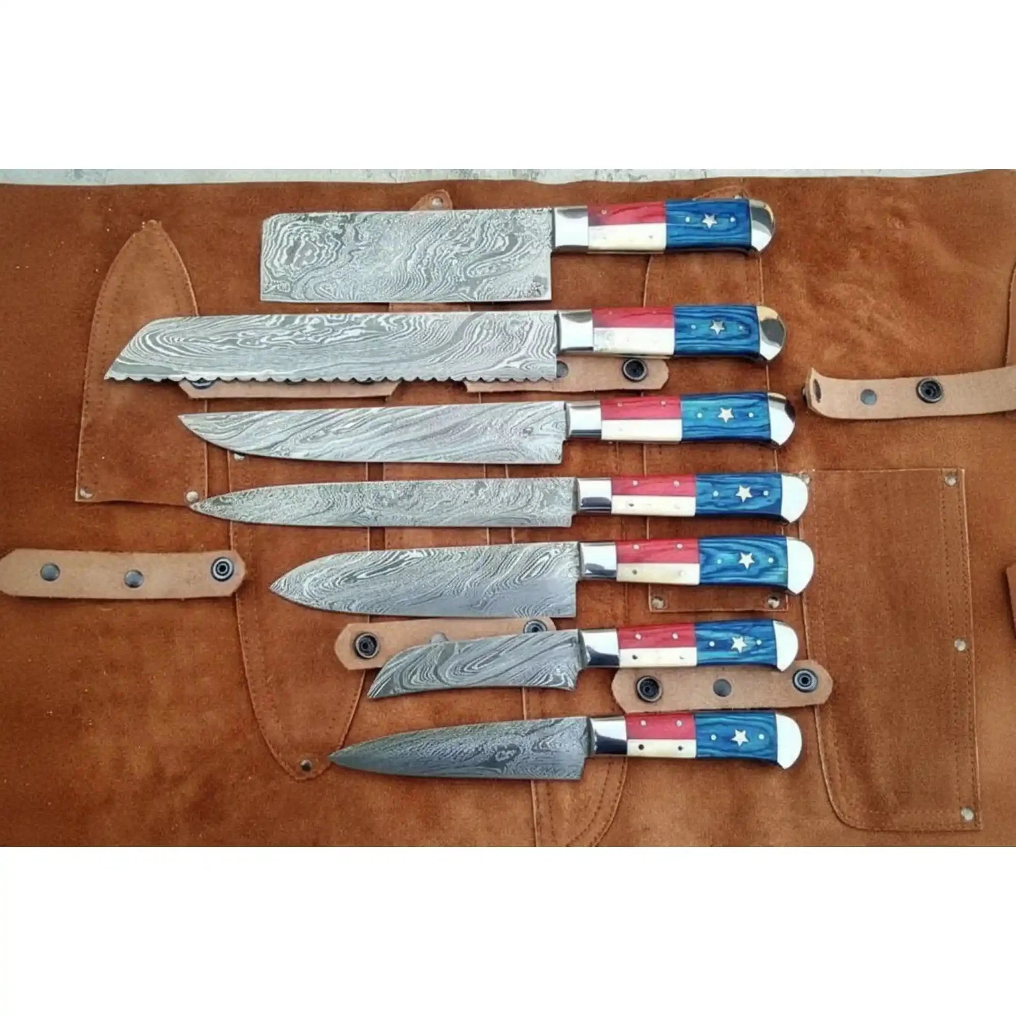 Texas Flag Handle Damascus Kitchen Knife Set, Full Tang Chef Knife Collection with Leather Roll
