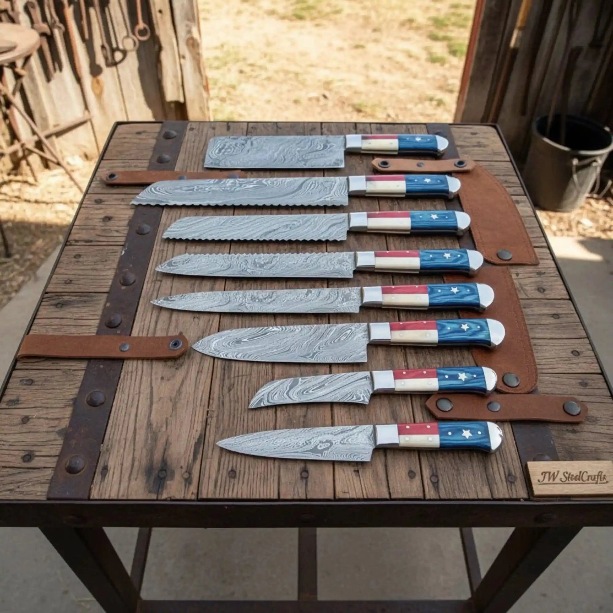 Texas Flag Handle Damascus Kitchen Knife Set, Full Tang Chef Knife Collection with Leather Roll