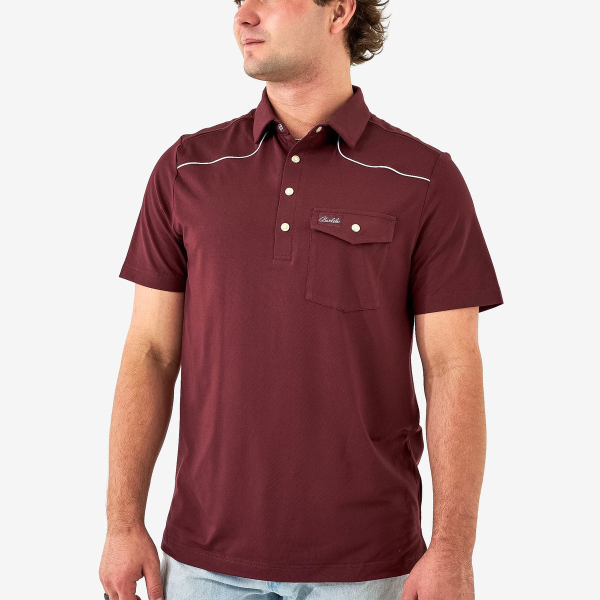 Burlebo Pearl Snap Performance Polo - Maroon - Large