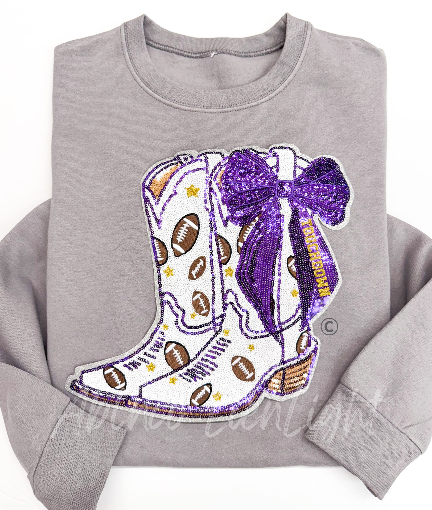 ABLNco - Sequin Purple Football Touchdown Bow Boots Sweatshirt - Ash Grey