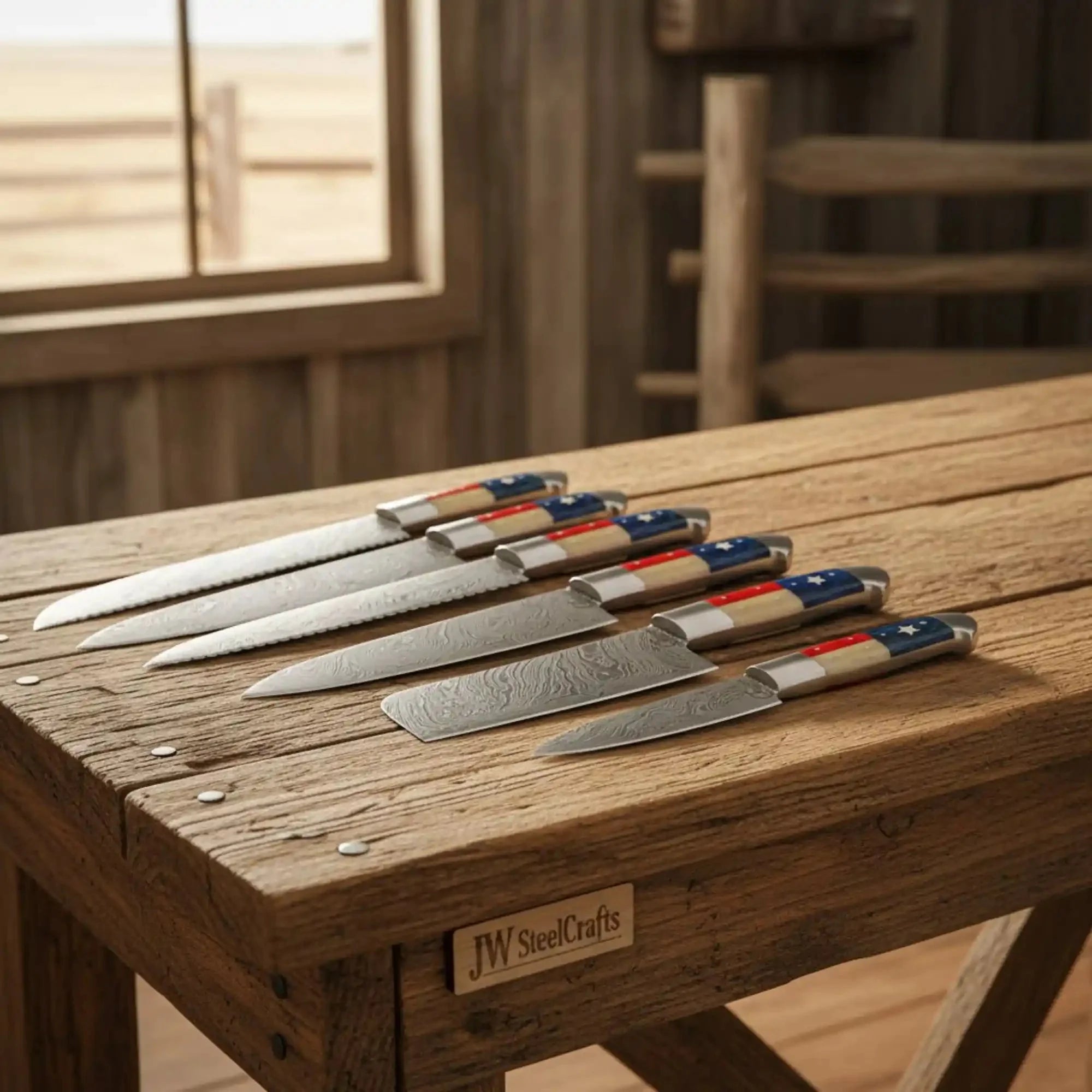 Full-Tang Damascus Steak/Utility Knife Set — Texas Flag Handles