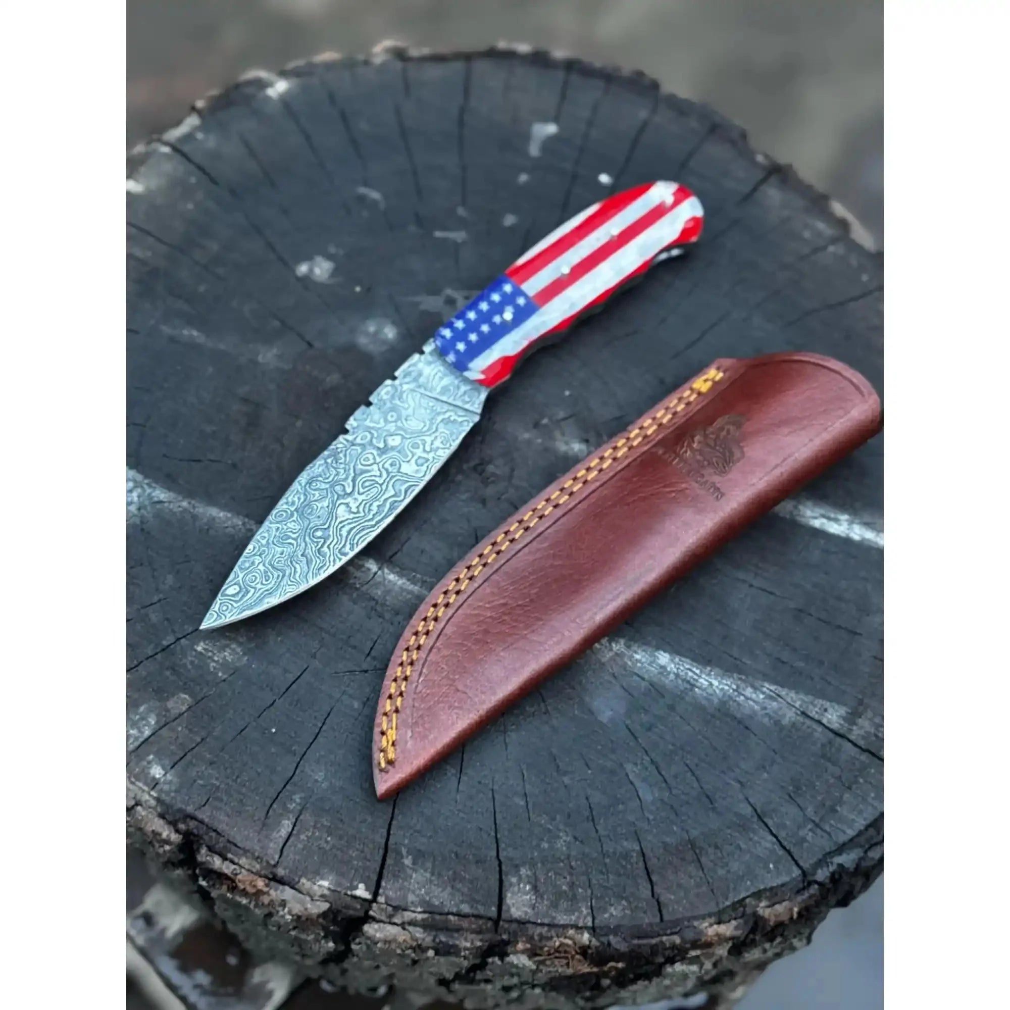 Handcrafted Damascus Steel Utility Knife with American Flag Handle | Leather Sheath | JW SteelCrafts