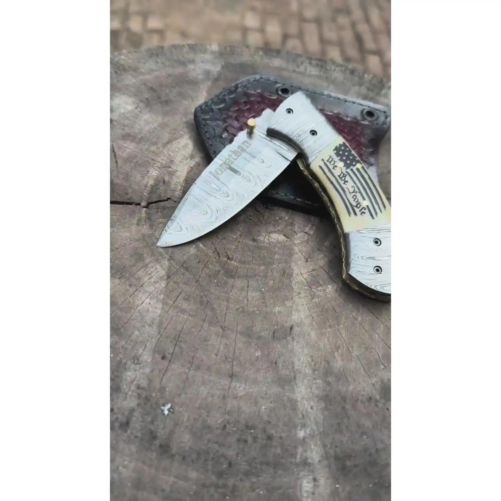 Handmade Damascus Drop Point Folding Knife – American Flag Handle, EDC Pocket Knife