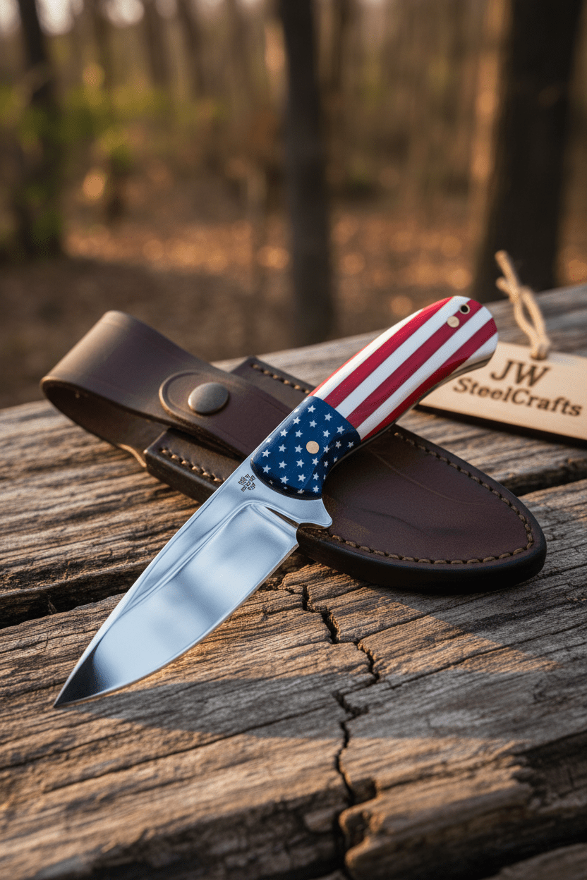 Handmade Drop Point Hunting Knife – High Polish Bearing Steel Blade, USA Flag Handle, Full Tang Fixed Blade