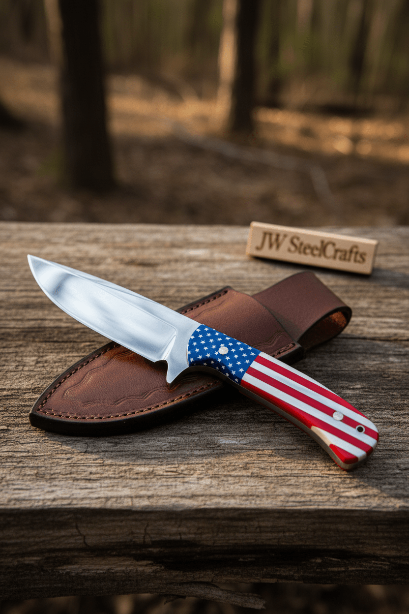 Handmade Drop Point Hunting Knife – High Polish Bearing Steel Blade, USA Flag Handle, Full Tang Fixed Blade