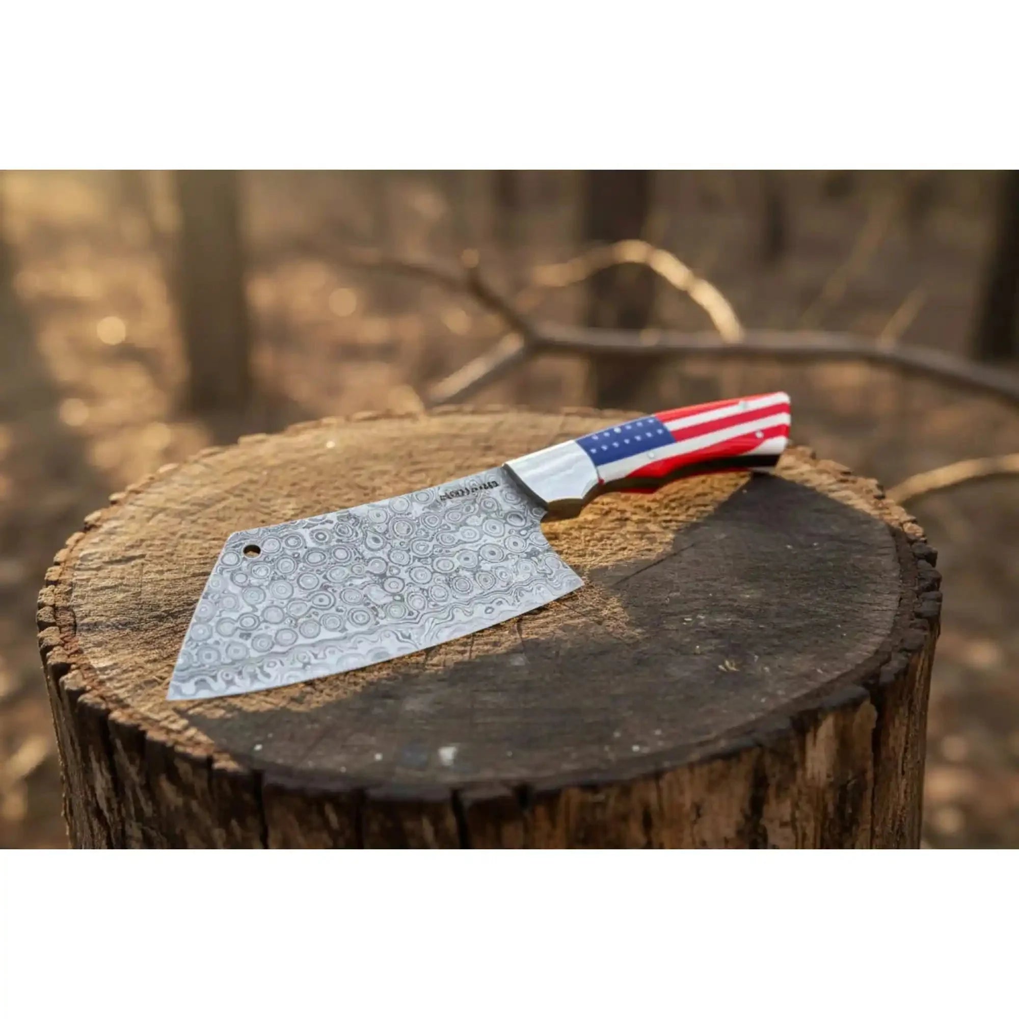 Ko-Bunka Damascus Steel Knife, Reverse Tanto Japanese Prep Knife, Handmade Damascus Blade with USA Flag Resin Handle, Compact Bunka Kitchen Knife JW SteelCrafts