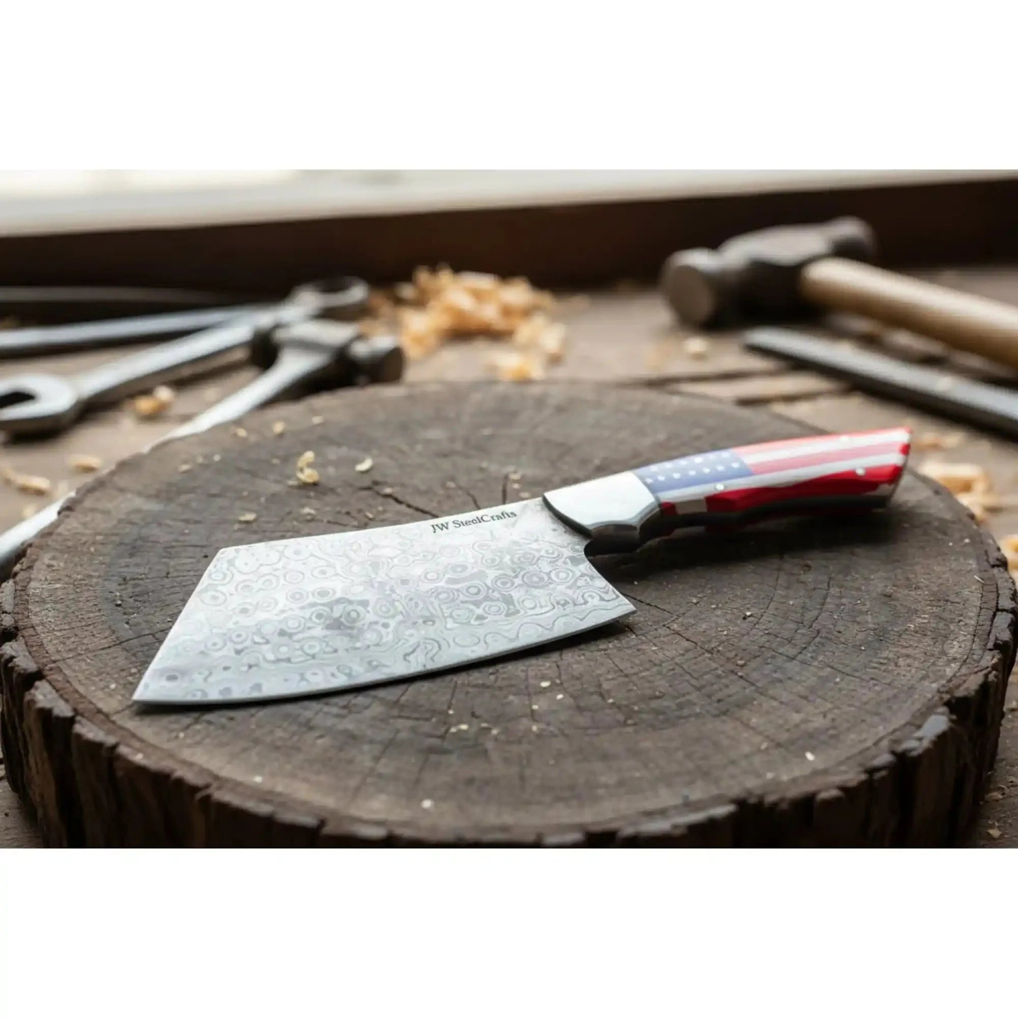 Ko-Bunka Damascus Steel Knife, Reverse Tanto Japanese Prep Knife, Handmade Damascus Blade with USA Flag Resin Handle, Compact Bunka Kitchen Knife JW SteelCrafts