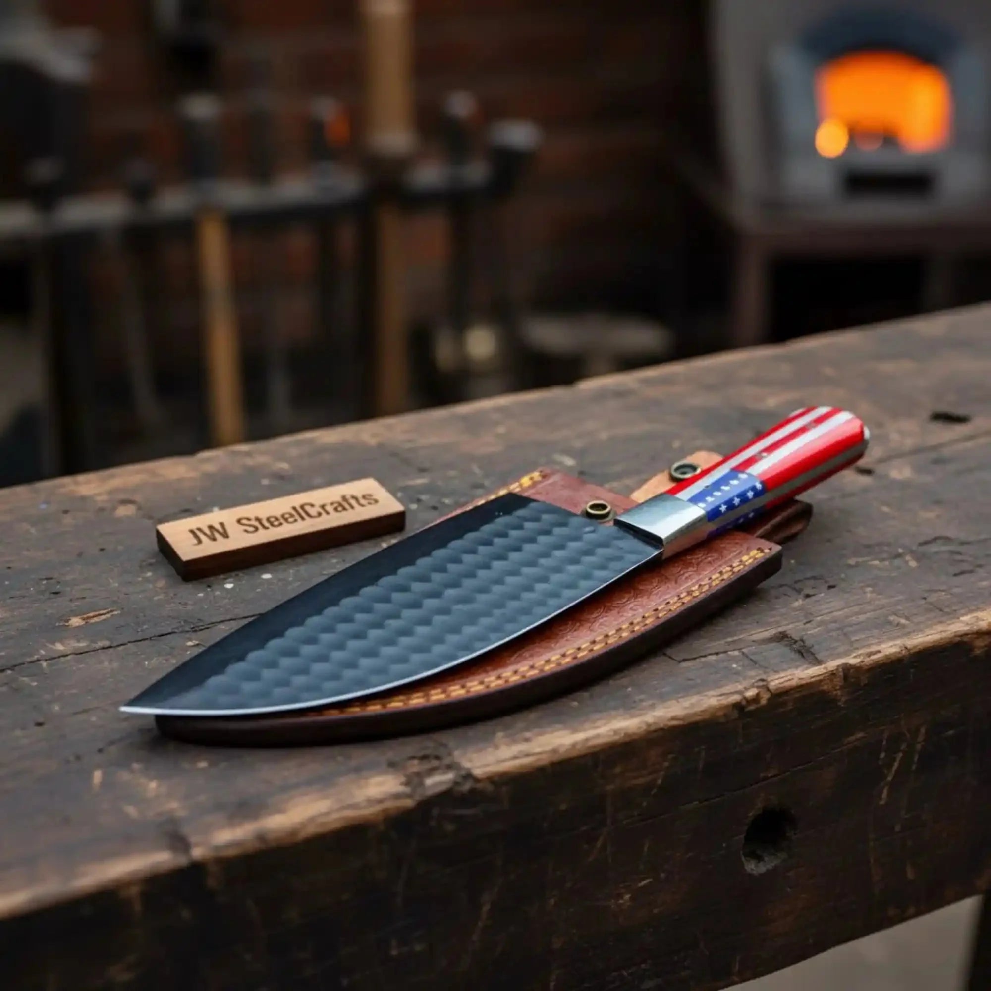 Ko-Santoku Damascus Steel Knife, Compact Japanese Santoku Kitchen Knife, Hammered Finish Blade, USA Flag Resin Handle, Handmade Prep Knife JW SteelCrafts