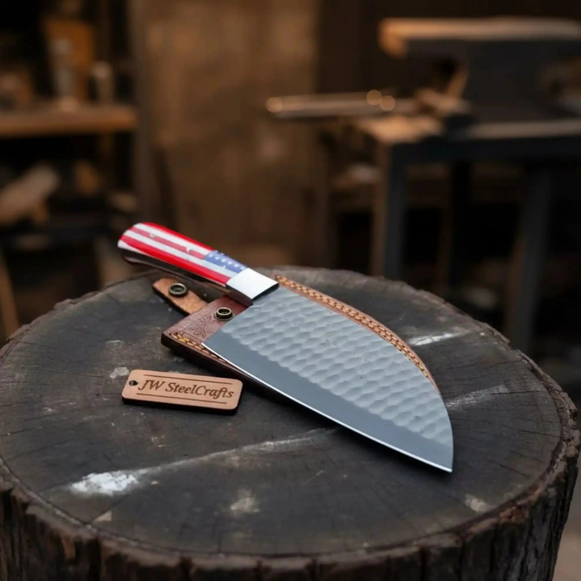 Ko-Santoku Damascus Steel Knife, Compact Japanese Santoku Kitchen Knife, Hammered Finish Blade, USA Flag Resin Handle, Handmade Prep Knife JW SteelCrafts