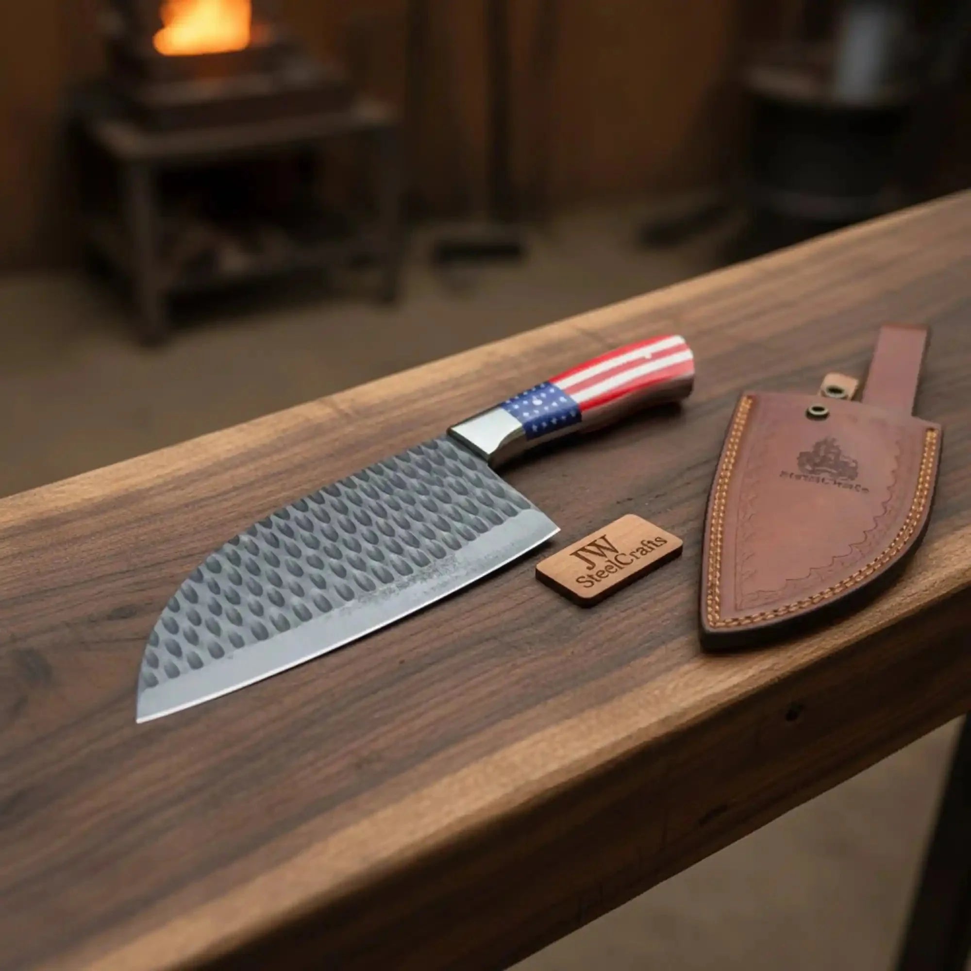 Ko-Santoku Damascus Steel Knife, Compact Japanese Santoku Kitchen Knife, Hammered Finish Blade, USA Flag Resin Handle, Handmade Prep Knife JW SteelCrafts