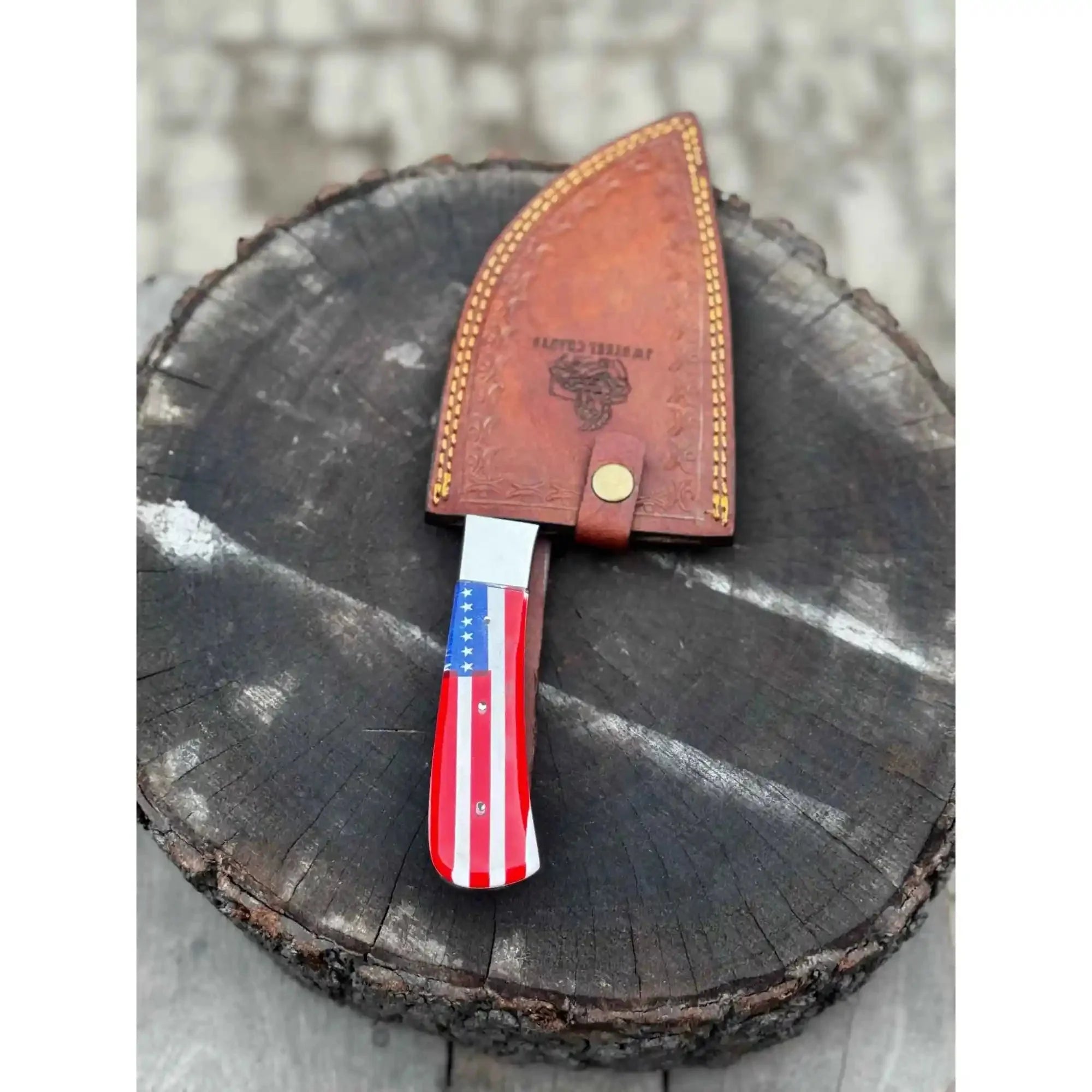 Ko-Santoku Damascus Steel Knife, Compact Japanese Santoku Kitchen Knife, Hammered Finish Blade, USA Flag Resin Handle, Handmade Prep Knife JW SteelCrafts